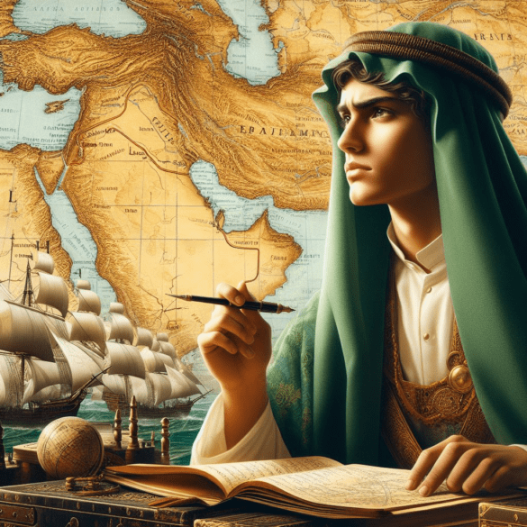 mage depicting a young Ibn Saud, resolute and ambitious, overlooking a map of the Arabian Peninsula_1 mage depicting a young Ibn Saud, resolute and ambitious, overlooking a map of the Arabian Peninsula